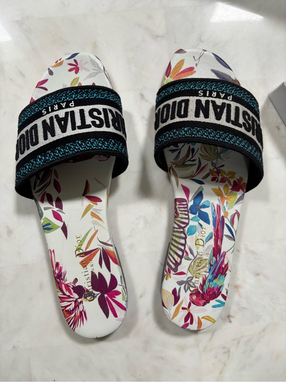 FASHION DIOR LOGO  White and blue Floral Slide Sandals with Blue- Black strap
